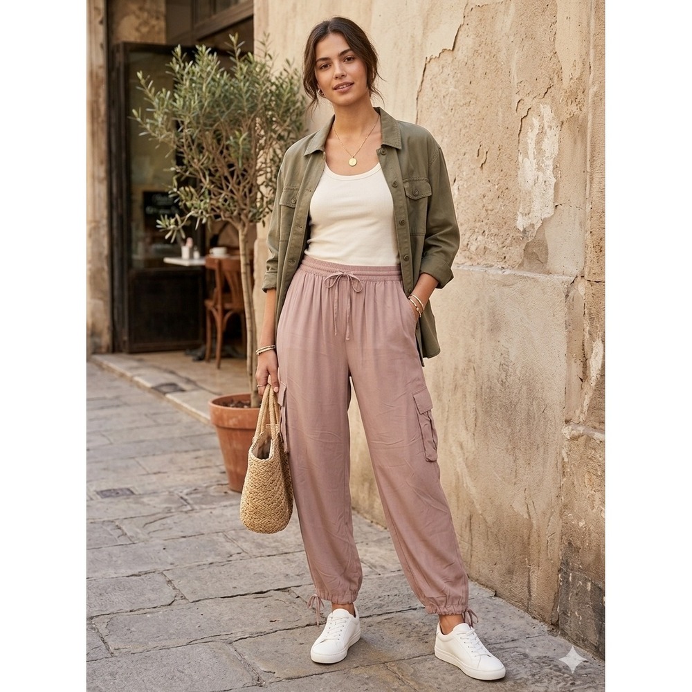 SO Goods For Life Women High Rise Drapey Cargo Jogger Belle Beige Mauve Large